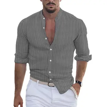 Весенне-осенняя мужская рубашка с воротником-стойкой, Тонкая однобортная деловая рубашка с длинными рукавами