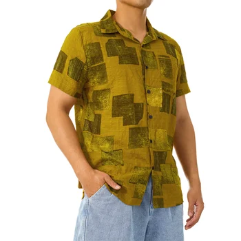 Мужская рубашка Douhoow в этническом стиле, летние новые рубашки в клетку с лацканами, с короткими рукавами и пуговицами, мужские рубашки