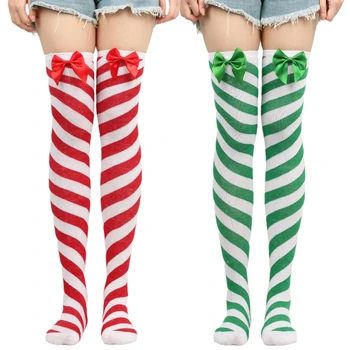 Полосатые чулки выше колена, Длинные носки, Рождественские Красно-зеленые чулки, Носки с бантом, Женские Длинные носки для девочек F3MD