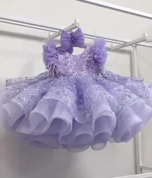 Фиолетовые пышные вечерние платья для девочек, многоуровневая пачка для девочек, расшитое бисером тюлевое платье в цветочек для девочек