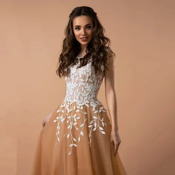 Тюлевое платье для выпускного вечера цвета шампанского, кружевное вечернее платье принцессы с круглым вырезом и аппликациями, вечерние платья без рукавов