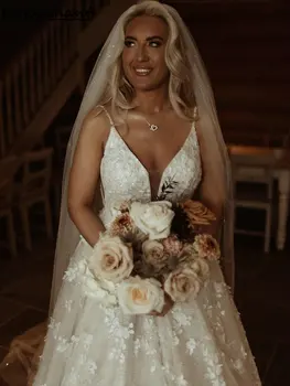 Свадебные платья трапециевидной формы с V-образным вырезом и тонкими бретельками, кружевные свадебные платья с открытой спиной и 3D цветами
