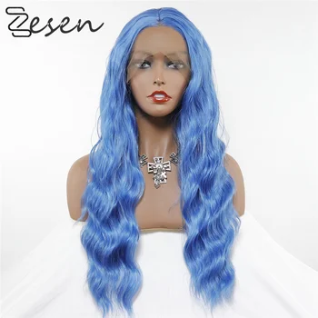 Светло-голубой синтетический кружевной парик Спереди, волнистые волосы, кружевные парики, Синтетический шелк, Прямой парик из натуральных волос, Бесклеевой термостойкий парик